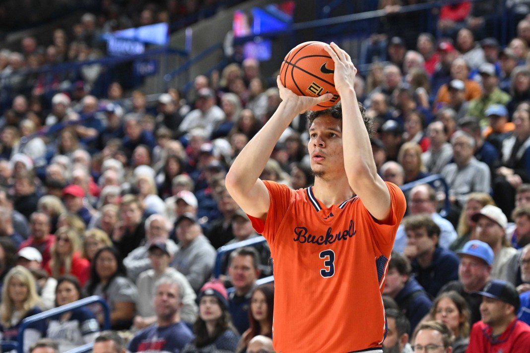 Bucknell center Noah Williamson takes a shot against Gonzaga during the 2024-25 college basketball season.