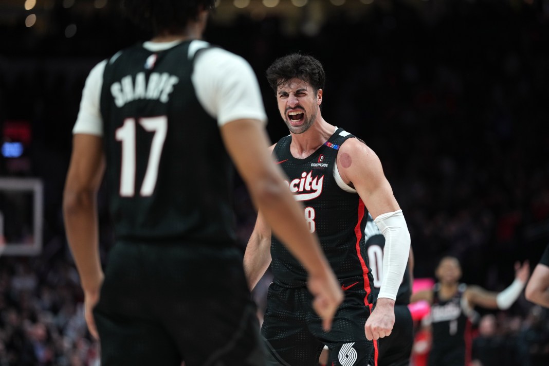 Blazers forward Deni Avdija celebrates a big play against the Knicks during the 2024-25 NBA season.