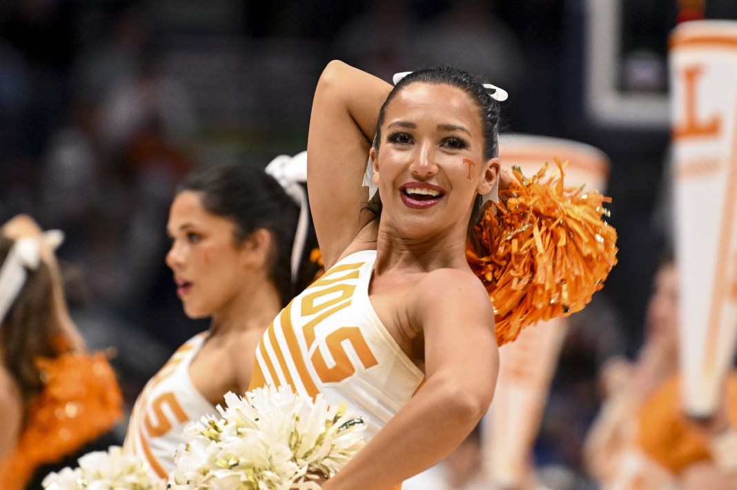 Tennessee Volunteers cheerleader during a timeout against the Texas Longhorns during the second half at Bridgestone Arena on March 14, 2025.