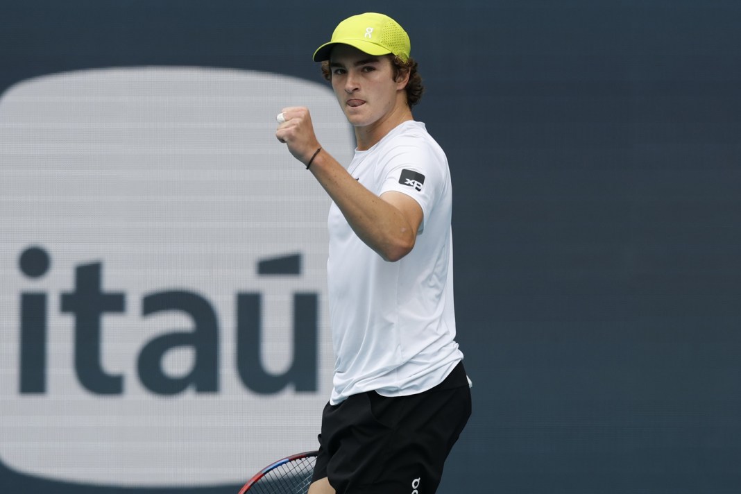 Joao Fonseca celebrates a big point against Ugo Humbert at the 2025 Miami Open.