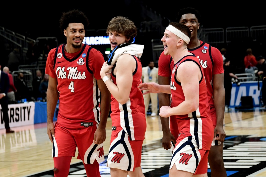 Mississippi Rebels forward Jaemyn Brakefield (4) celebrates with teammates after defeating the Iowa State Cyclones in the second round of the NCAA Tournament at Fiserv Forum in Milwaukee, WI, on March 23, 2025.