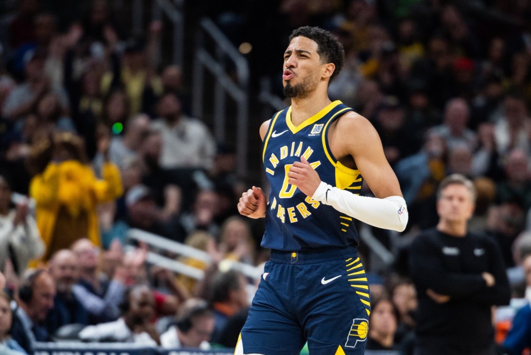 Pacers star Tyrese Haliburton celebrates a basket against the Timberwolves during the 2024-25 NBA season.