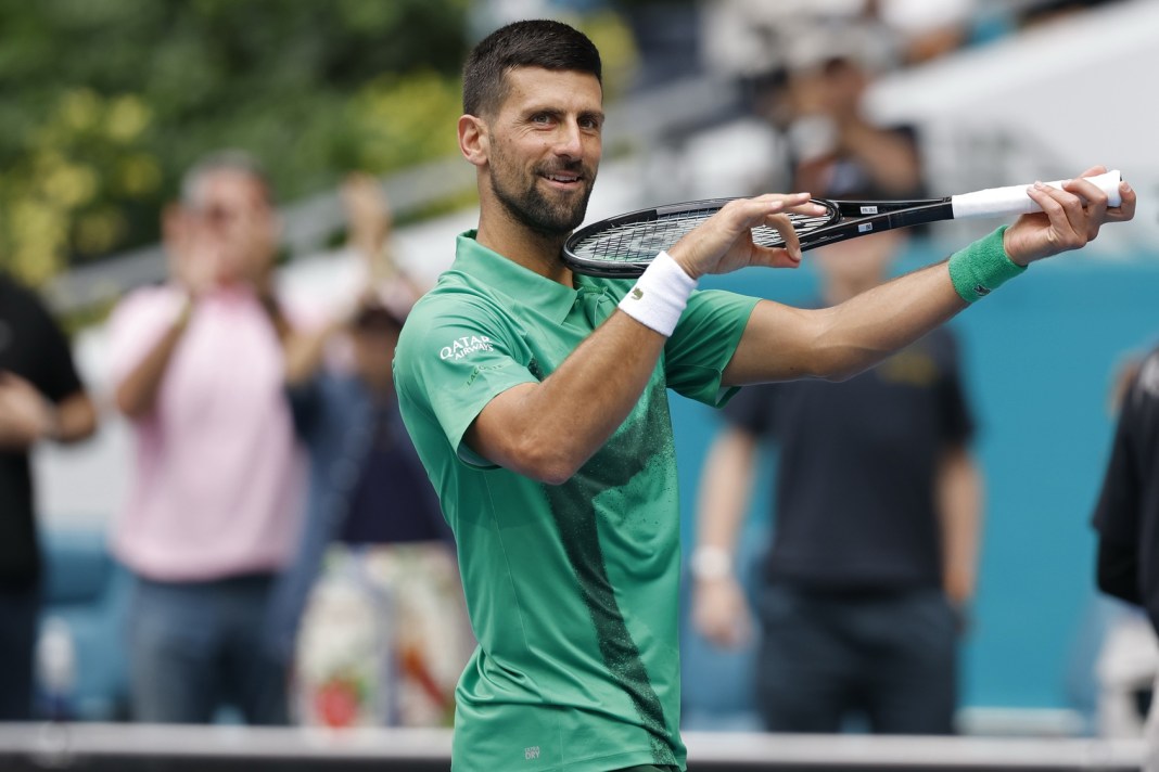 Novak Djokovic celebrates a win over Grigor Dimitrov at the 2025 Miami Open.