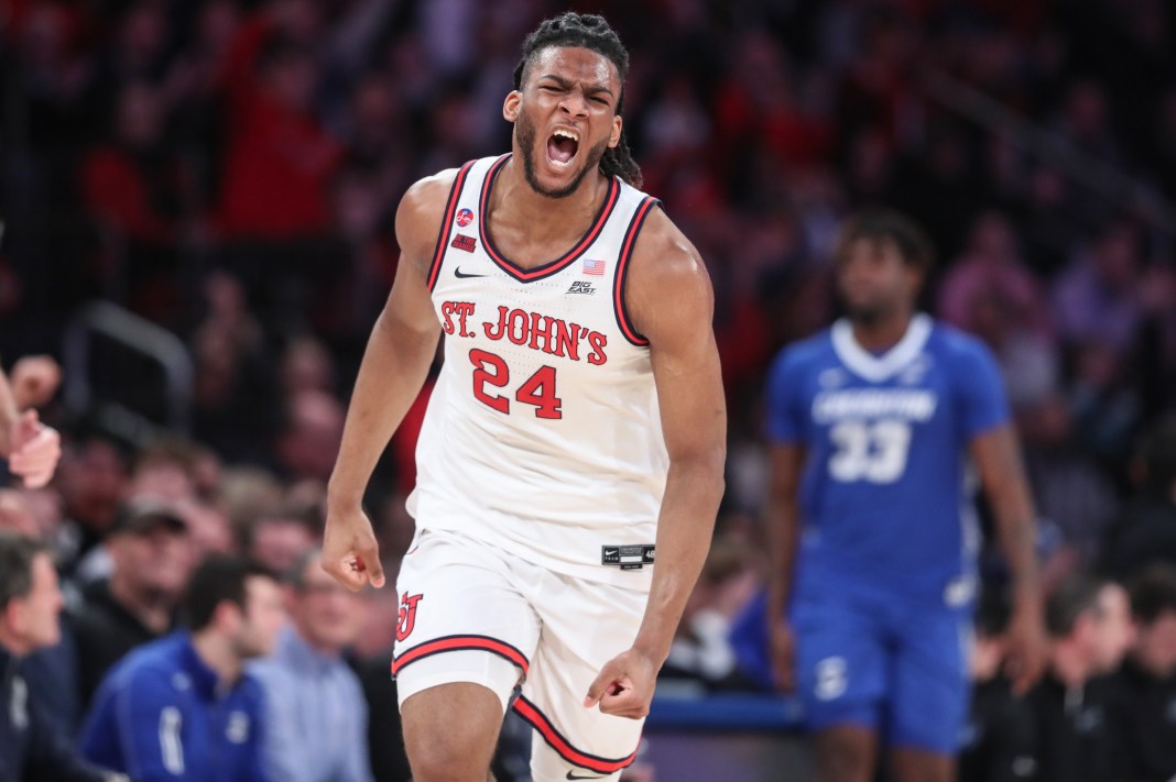 St. John's Red Storm forward Zuby Ejiofor (24) gestures after making a three-point shot in the first half against the Creighton Bluejays at Madison Square Garden on February 16, 2025.
