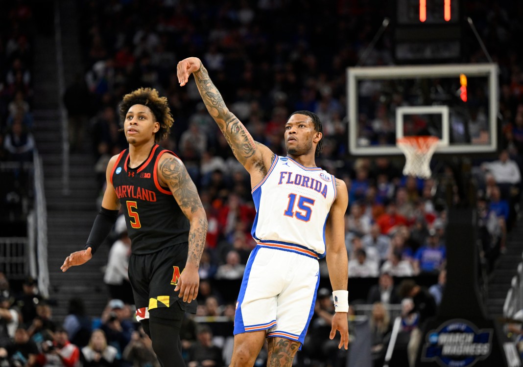 Florida Gators guard Alijah Martin (15) reacts after making a three-point basket over Maryland Terrapins guard DeShawn Harris-Smith (5) during the first half of the West Regional semifinal in the 2025 NCAA tournament at Chase Center in San Francisco, CA, on March 27, 2025.