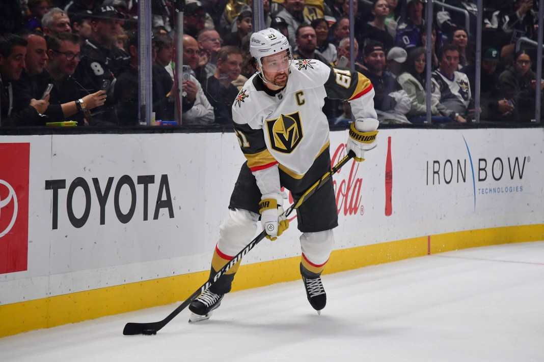 Feb 24, 2025; Los Angeles, California, USA; Vegas Golden Knights right wing Mark Stone (61) controls the puck against the Los Angeles Kings during the first period at Crypto.com Arena. Mandatory Credit: Gary A. Vasquez-Imagn Images