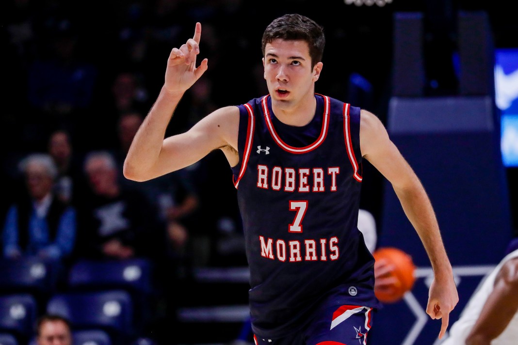 Robert Morris Colonials forward Alvaro Folgueiras (7) reacts after a play against the Xavier Musketeers in the first half at Cintas Center on November 6, 2023.