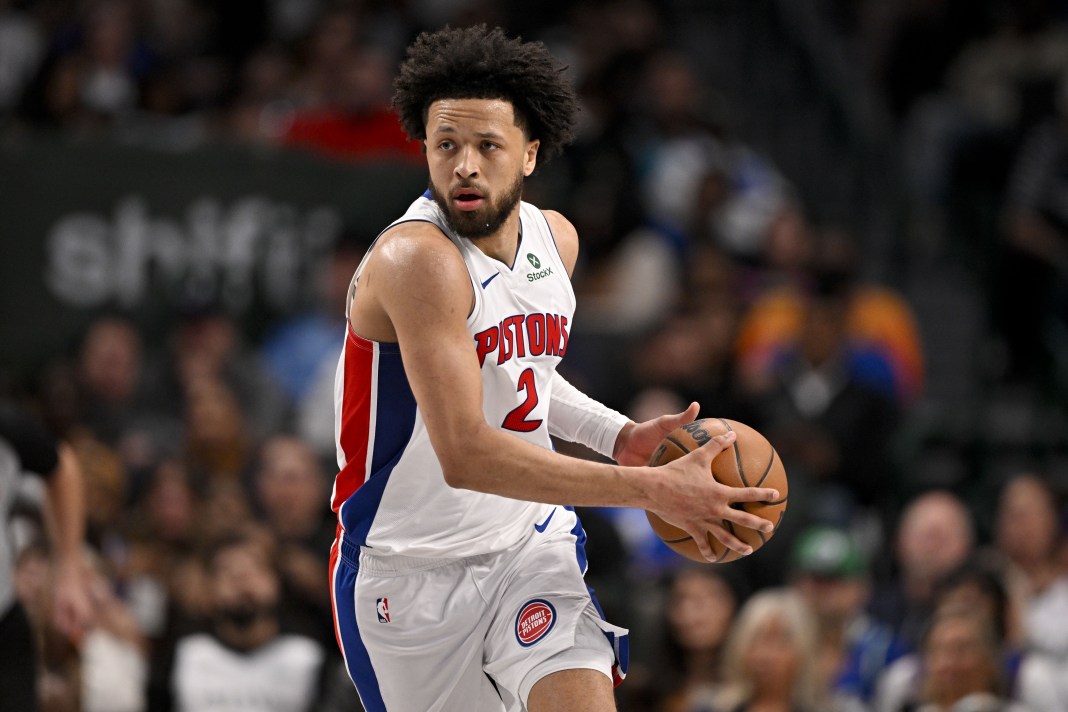 Detroit Pistons guard Cade Cunningham (2) brings the ball up the court against the Dallas Mavericks during the second half at the American Airlines Center in Dallas, Texas, on March 21, 2025.