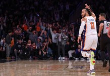 NBA Predictions Today: Best Bets and Player Props – April 8th Knicks star Jalen Brunson celebrates a 3 against the Suns during the 2024-25 NBA season.