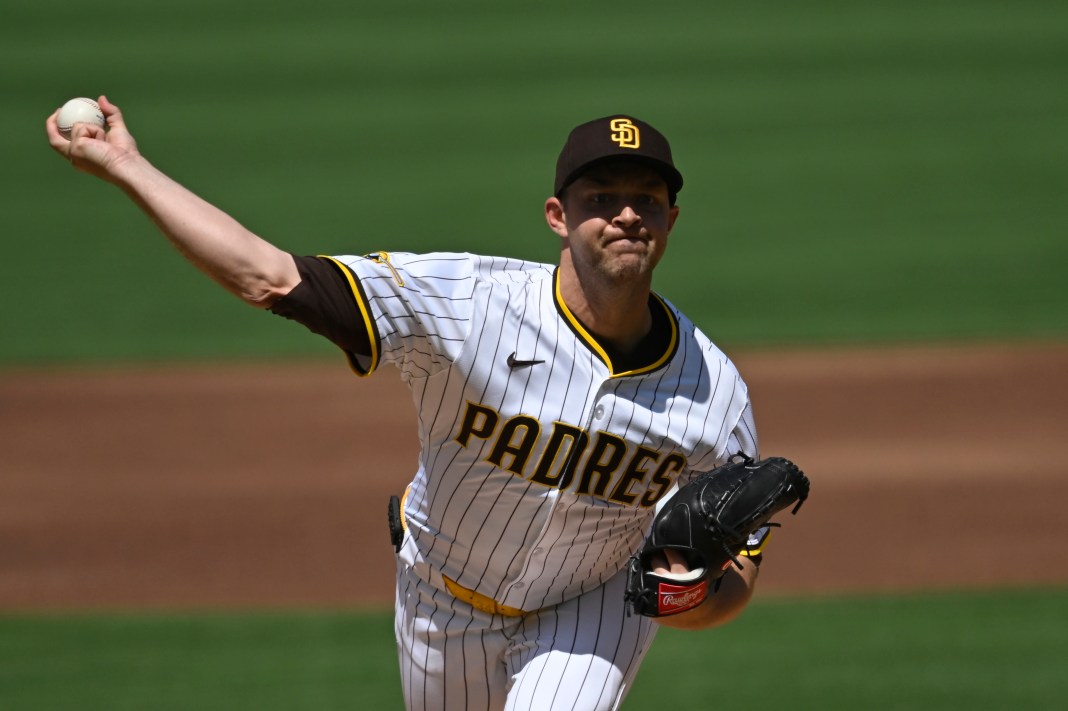 San Diego Padres pitcher Michael King (34) delivers a pitch during the first inning of the game against the Atlanta Braves at Petco Park in San Diego, California, on March 27, 2025.